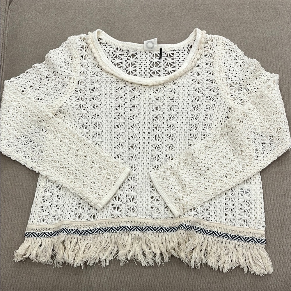 Anthropologie White Crew Neck Sweater with Fringe